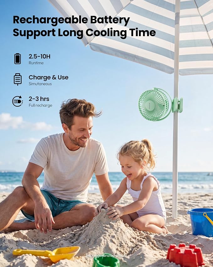 Gaiatop Portable Clip on Fan Battery Operated, Small Powerful 3 Speed Quiet 360° Rotate, USB Rechargeable Mini Personal Cooling Fan for Desk Table Home Office Stroller Camping Women Gifts Green | Battery Operated, Small 3 Speed 360° Rotate, Cooling for... - Image 4