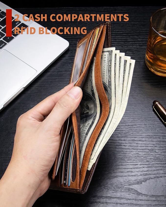 Men's Cowhide Leather RFID Wallet, Slim Bifold (Brown) | 2 Clear ID Windows, 10 Card Slots, Zipper Coin Pocket, Gradient Finish for Business, Travel, Daily Carry and Gifts - Image 6