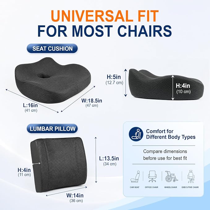 Allaboutsla Car Seat Cushion and Lumbar Back Support Pillow Set for Driving | Memory Foam Car Seat Cushions, Back Support for Car, Car Cushion for Height, Pressure Relief for Trucks, Office Chairs, Black - Image 2