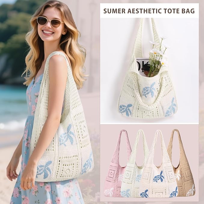 Sightor Crochet Tote Bag, Mesh Beach Bag Knit Summer Hobo Bag for Women | Beach Tote bag Vacation Outfits Aesthetic Boho Bag - Image 5