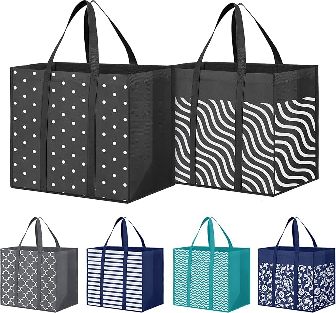 6 Pack Reusable Grocery Bags Waterproof Tote Bags for Shopping Groceries | 35L Large Capacity, Heavy-Duty, Waterproof, Lightweight, Foldable Tote with Sturdy Handles, Polka Dot Design by Fabtotes