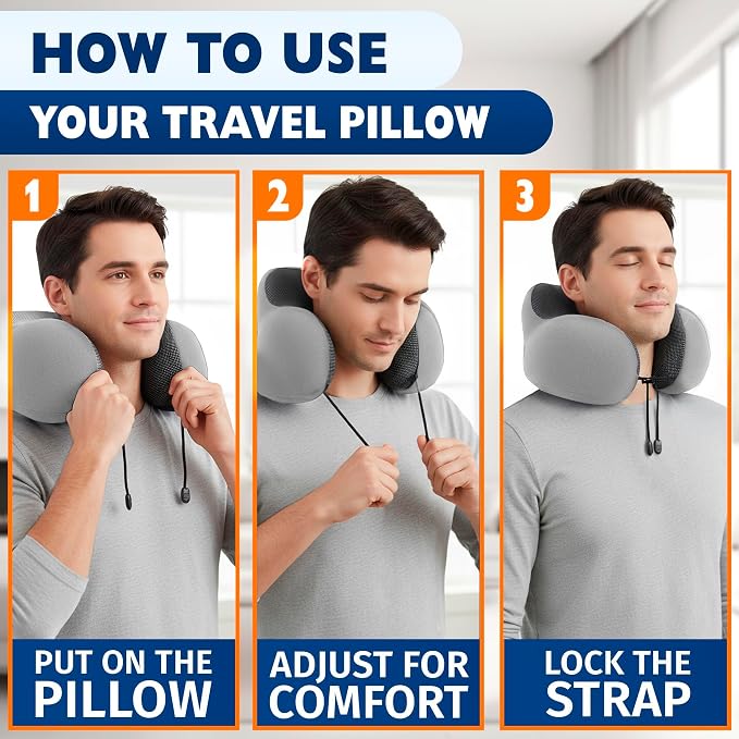 Travel Neck Pillow for Airplane, 100% Memory Foam (Gray) | 4-in-1 Set with 3D Eye Mask, Earplugs, Carry Bag, Washable Cotton Cover & Snap Buttons, Neck Pillow for Plane, Car & Train - Image 5
