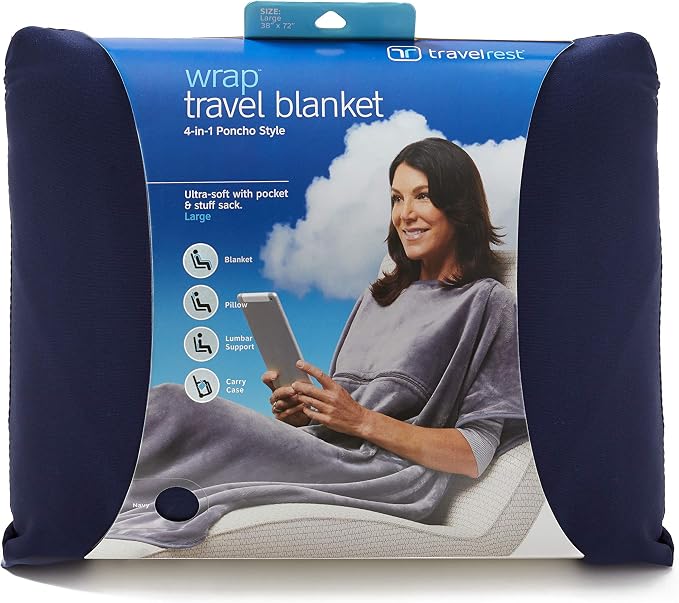 TRAVELREST 4-in-1 Travel Blanket - Comfort for Long Travel - Blue Regular | Travel Essential Pillow & Body Wrap, Soft Lightweight Blanket, Ultra-Plush Fabric, Portable Carry Case Fit For Luggage by TRAVELREST