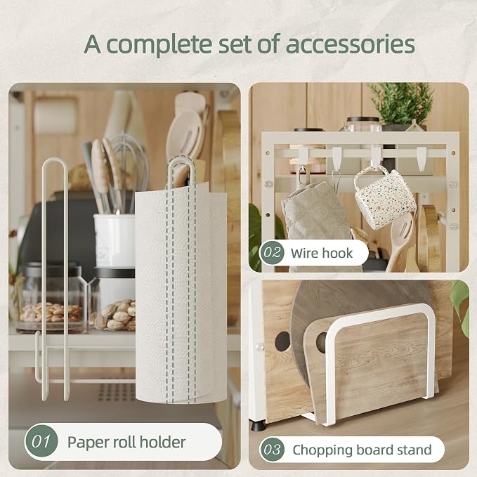 3 Tier Expandable Microwave Stand countertop,Microwave Oven Rack | microwave shelf with Paper Towel and Chopping Board Holder, storage shelf for appliances,55 Lbs load Per Tier,White - Image 6