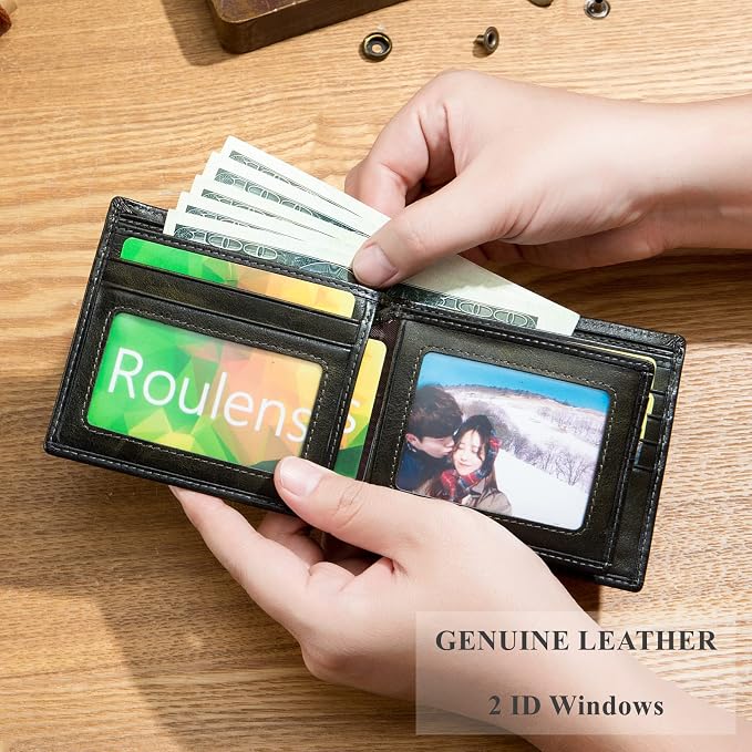 BULLCAPTAIN RFID Wallets for Men,Genuine Leather Wallet QB-05（Forest Green | Slim,Bifold,Front Pocket Wallet, 2 ID Windows,11 Card Slots,RFID Blocking TechnologyGift Choice - Image 3