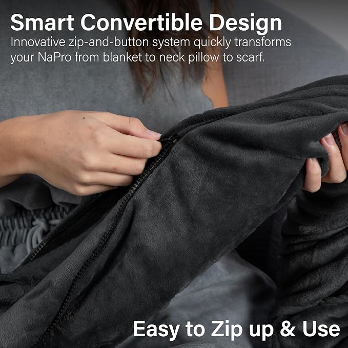 NAPRO 3‑in‑1 Travel Blanket Pillow Scarf – Convertible 50×80″ Blanket, 12×16″ Pillow, 80″ Infinity Neck Pillow – Lightweight, Plush – Black - Image 5