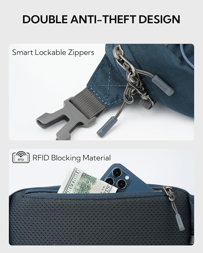 WATERFLY Small Fanny Pack RFID Blocking Travel Hiking Crossbody Waist Bag | Anti-theft design, Water resistant, Lockable zipper, Hidden rear pocket, Lightweight hip belt bag, EDC Running, Cycling, Gym - Image 5