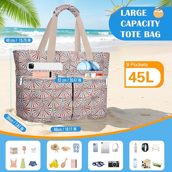 HUANLANG Large Beach Bags for Women Pool Bag with Zipper, Waterproof Sandproof Beach Tote Travel Bag with Wet Pocket - Image 7
