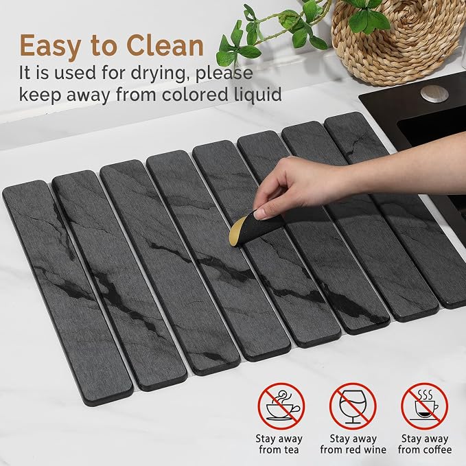 2 PCS Stone Dish Drying Mat for Kitchen Counter,Quick Dry Stone Dishes Mats,Marbled Water Absorbing Diatomaceous Earth Drying Pad for Countertop Bottles Utensils Cups（Dark Gray 20"×14" & 8"x4"） - Image 5