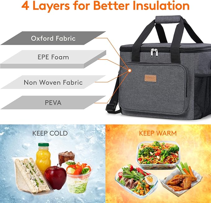 Lifewit Large Lunch Bag, Insulated Lunch Box, Soft Cooler Cooling Tote for Adult Men Women, Dark Gray 40-Can (24L) - Image 2