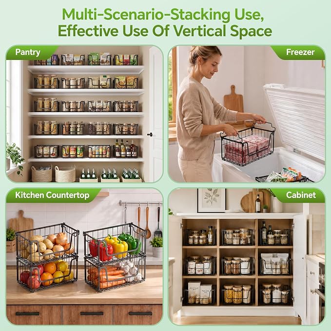 4 Pack Foldable Wire Basket for Pantry Organizers and Storage | Stackable Vegetable Fruit Basket for Kitchen Counter, Black Potato and Onion Storage Bins - Image 7