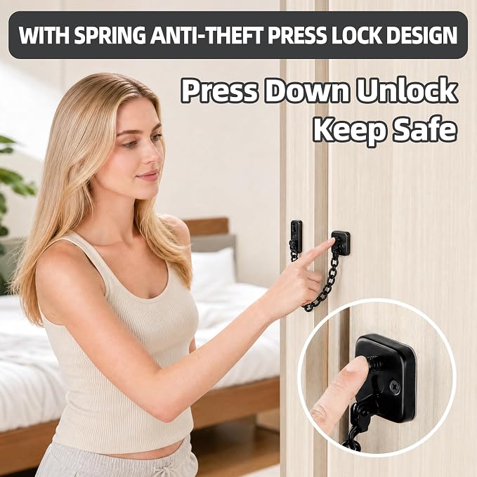 Mooche Door Chain Lock, Chain Door Lock with Spring Anti-Theft Press Lock | Thickened Stainless Steel Door Latch Guard with Screws for Interior Outdoor Toilet Barn Fence Garage (Black) - Image 5