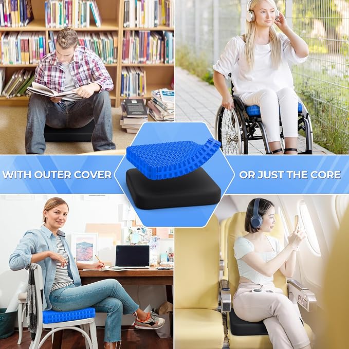 TushGuard Gel Seat Cushion for Long Sitting, Breathable Thick Patent Design | Enlarged Cooling Chair Pad for Office Chair, Wheelchair, Desk Chair, Supportive Car Cushion (2"Thick, Black+Blue) - Image 7