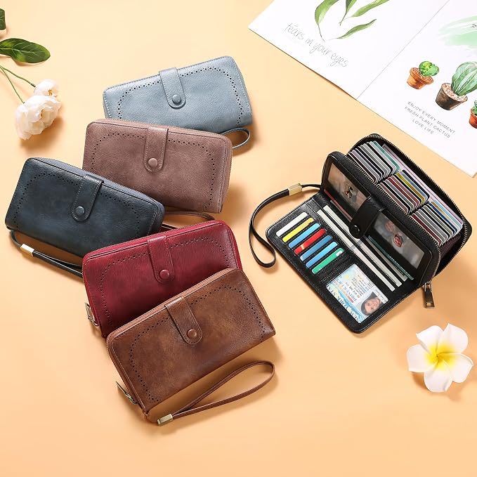 GAEKEAO Leather Credit Card Holder Wallet for Women RFID Blocking Large Capacity Bifold Zipper Card Case Organizer with Wristlet 45 Slots - Image 6