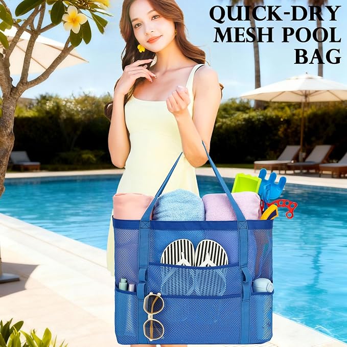 Fammart Mesh Beach Bag for Women, Large Beach Toy Pool Bag with Zipper Pocket, SandProof Cruise Essentials 2026 Family Travel - Image 2