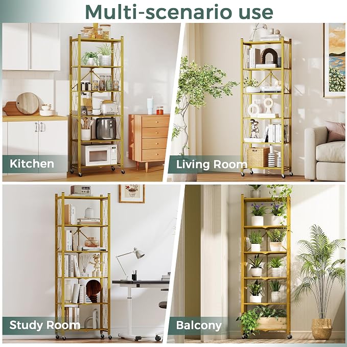 DEANIC 6-Shelf Folding Bookcase with Wheels, Heavy Duty Storage Shelves, Freestanding Metal Wire Shelving Unit for Living Room, Office, Kitchen, Basement, Pantry (Gold) - Image 6