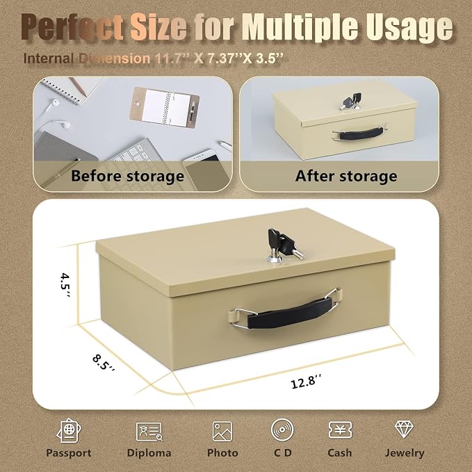 xydled Fireproof Document Box with Key Lock, Fire Safe Box, Sand | Fire and water resistant lock box for documents, passports, cash and valuables, keeping secure at home, 12.8 x 8.5 x 4.5 Inch - Image 3