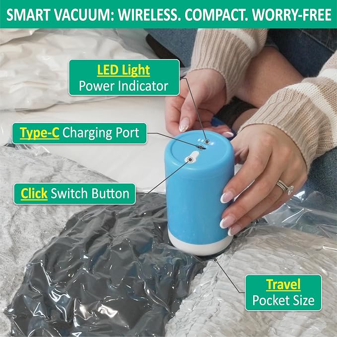 Cozy Essential Travel Vacuum Storage Bags with Rechargeable Cordless USB Pump, Space Saver Bags for Luggage, Suitcase, Carry-On, for Clothes, Blankets, Bedding & Seasonal Storage,6 Combo - Image 5