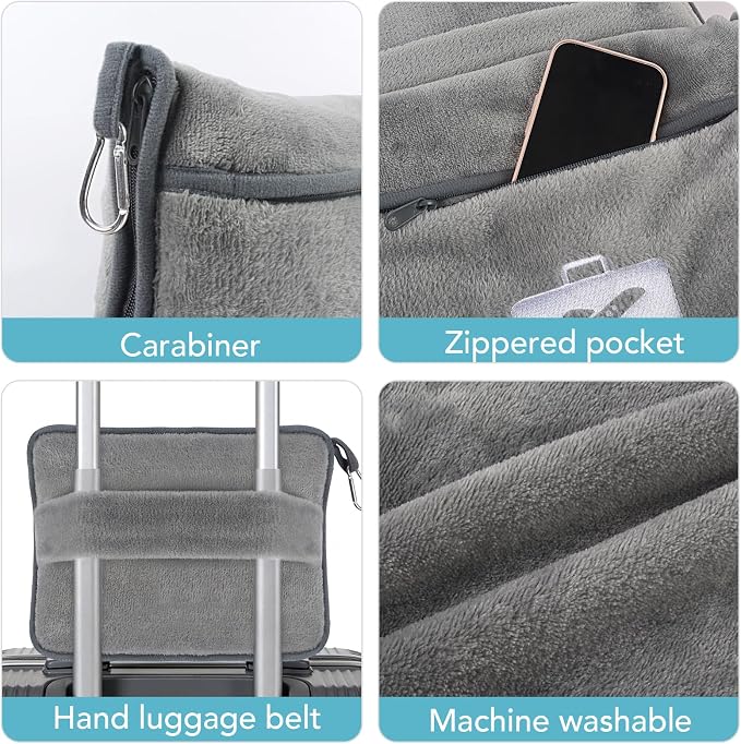 Travel Pillow and Blanket 2-in-1 Airplane Pillow Grey 60x50 Inch | Plane Packable, Airplane Travel Essentials, Soft Warm Lightweight Flannel Blanket Compo, Hand Luggage Sleeve&Backpack Clip - Image 7