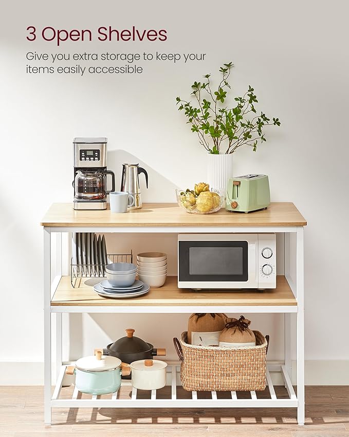 VASAGLE Kitchen Island with 3 Shelves, 47.2 Inches Width Kitchen Shelf with Large Worktop, Stable Steel Structure, Industrial, Easy to Assemble, Oak Color and White UKKI001W09 - Image 6