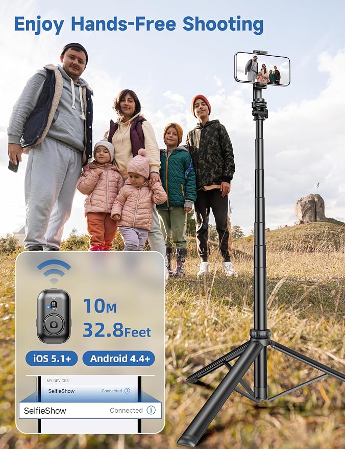 75" Phone Tripod, Selfie Stick with Remote and Phone Holder, Extendable Tripod for iPhone, Aluminum Cellphone TripodStand 360° Rotation Travel Tripods Compatible with iPhone Android, GoPro - Image 4