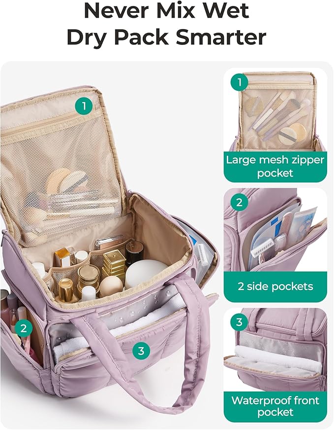 BAGSMART Puffy Travel Toiletry Bag, Roomy Makeup Bag with Multi-Pockets for Full-Sized Toiletries & Accessories, Purple - Image 2