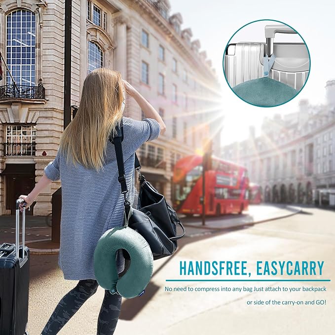 Travel Neck Pillow Memory Foam for Airplane Traveling Gray Blue | Travel Neck Flight Pillow with Attachable Snap Strap Soft Washable Cover for Car, Home, Office, Head Neck Support - Image 2
