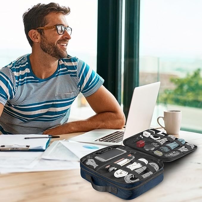 MATEIN Cord Organizer Travel for Men, Large Travel Accessories Changer Case | Portable, Double Layers Cable Organizer Box for Cables, Cell Phone and Tablet (Up to 12.9inch), Navy Blue, Tech Gifts - Image 8