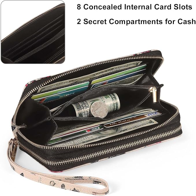 RFID Wallet for Women with Cellphone Pocket - Double Zipper Wristlet Purse Large Capacity, 17 Card Slots, Coin Pocket, ID Window, Effel Tower Flower - Image 4