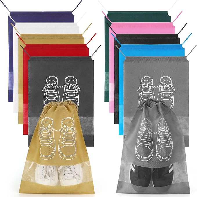 10 Pcs Portable Travel Shoe Bags, 17.3 x 12.6 Inches Waterproof Non-Woven Shoe Organizers Storage Bags, Large Drawstring Shoes Pouch Packing Organizers with Rope for Men, Women, Children by KINYFY