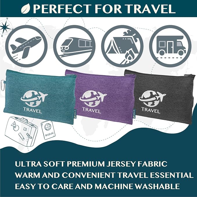 PAVILIA Travel Blanket Compact, Airplane Packable Bag, Soft Fleece Portable Throw Pillow Combo Set, Plane Flight Car Trips Essentials Gift Accessories, Luggage Backpack Clip, Purple, 65 x 40 Inch - Image 5