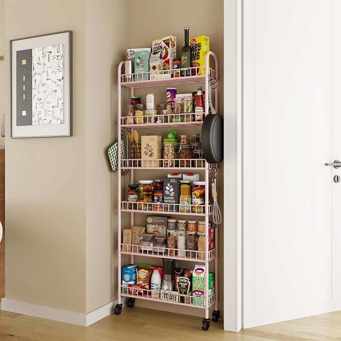 6 Tier Slim Rolling Storage Cart with Wheels, Metal Mobile Shelving Unit Organizer Utility Cart for Office Bathroom Kitchen Laundry Room Narrow Places (Pink 6 Inches) - Image 3