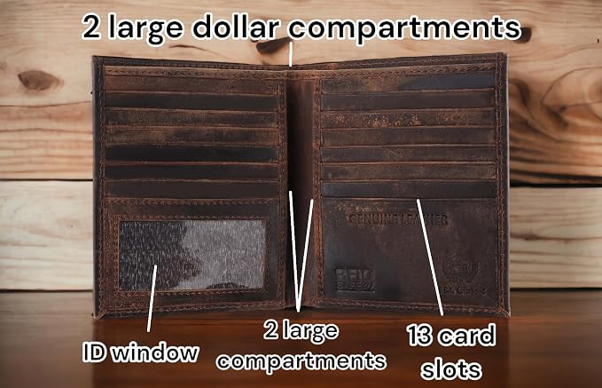 F&L CLASSIC RFID Blocking Mens Leather Bi-Fold Big Hipster Wallet, 13 credit card slots,buffalo vintage brown - Image 3