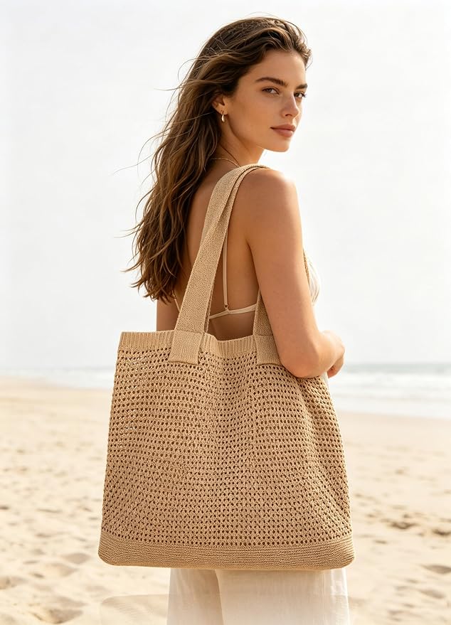 COOKOOKY Crochet Beach Tote bag Summer Beach Bag for Women Aesthetic Mesh Tote Bag Hippie Bag Knit Bag - Image 6