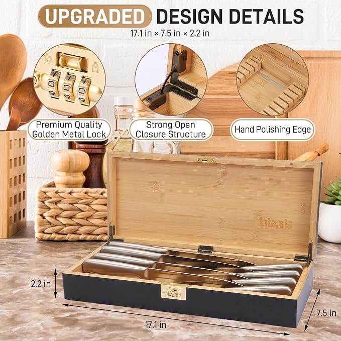 Upgraded Lockable Large Bamboo Knife Storage Box with Magnetic Removable Knife Blocks for Easy, Quick and Safe Culinary Tools Storage, Keyless Kitchen Combination Lock Box, Great Kitchen Gifts - Image 2