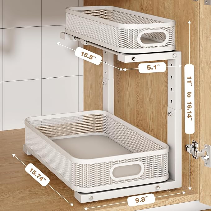 2 Pack Under Sink Organizer With Smooth Cylindrical Rail,2-Tier Pull Out Multi-Purpose Cabinet Storage for Bathroom&Kitchen,Height Adjustable,Rust-resistant Coating-White - Image 2