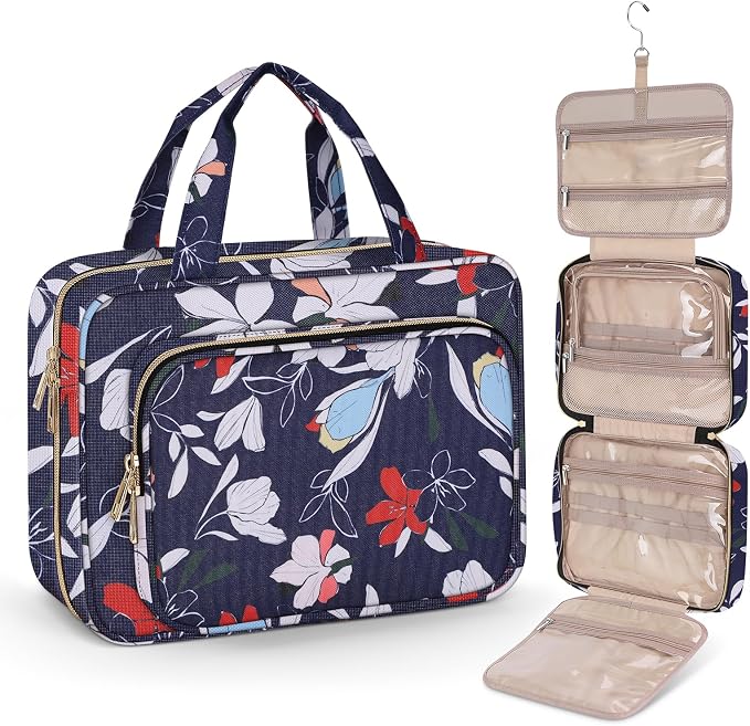 Toiletry Bag for Women, Large Cosmetic Travel Bag, Hanging Toiletry Bag for Bathroom, PVC Waterproof Makeup Bag, Toiletries Bag for Travel Business Trips and Camping, Blue+White Floral by Wedama
