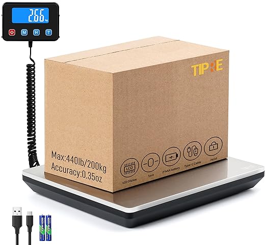 TIPRE Shipping Scale 440lbs for Packages, Heavy Duty Digital Postal Scale with LCD Display 0.35 oz High Precision Express Scale with Type-C Charging & Batteries Smart Hold/Tare for Small Business Home by TIPRE