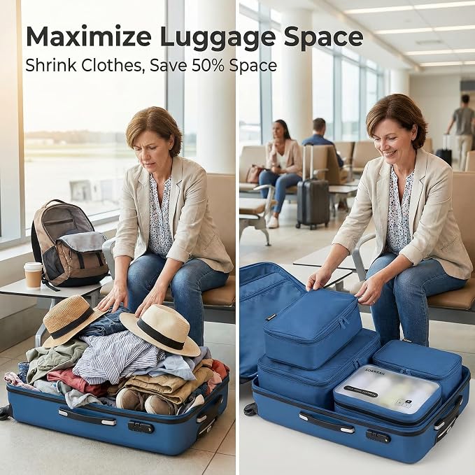 6 Set Compression Packing Cubes for 7–14 Day Travel, Dark Blue | Nylon Oxford Fabric, Full Breathable Mesh, Reinforced Double-Zipper, Small to Large Size Bag, Expandable Packing System - Image 6