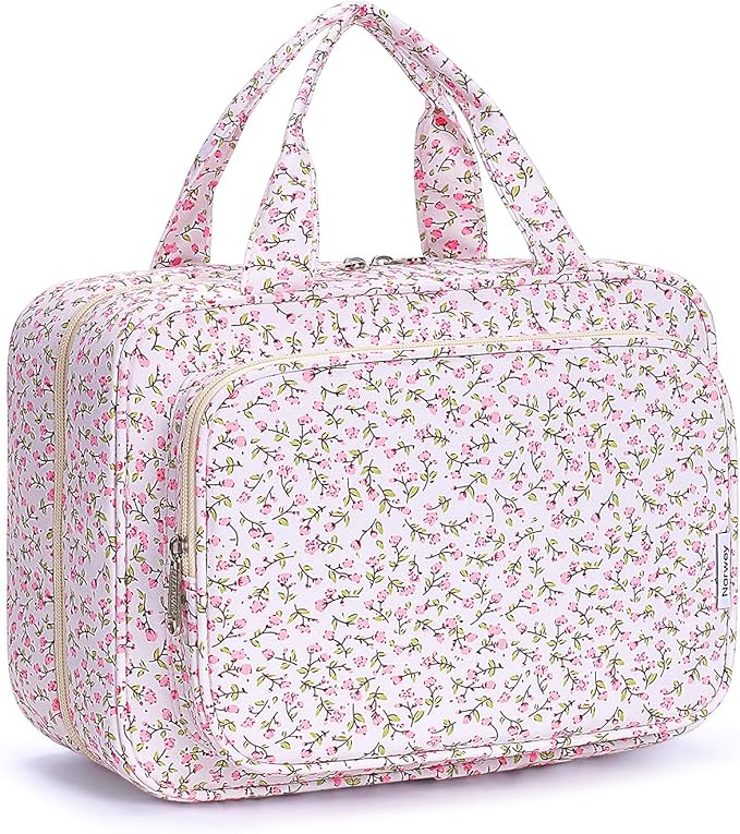 Narwey Travel Toiletry Bag for Women Large Hanging Makeup Bag Organizer Toiletries Bag for Full Size Essentials Accessories Cosmetics (Pink Flower (Large)) by Narwey