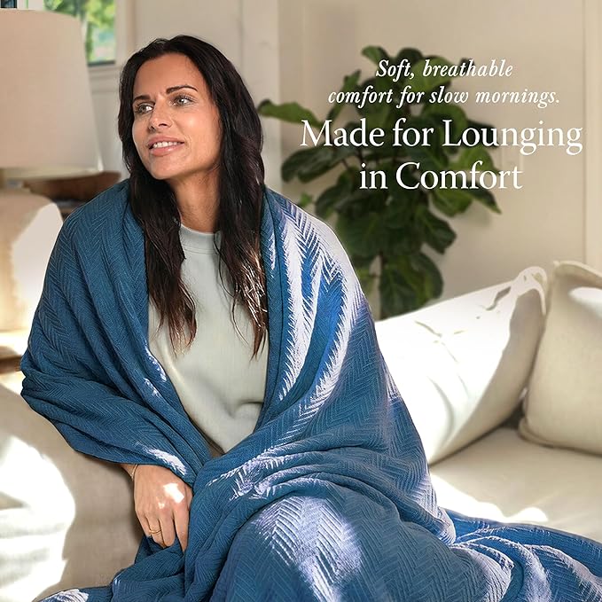 Threadmill Luxury Cotton Blankets for Twin Size Bed | All-Season 100% Cotton Twin Blanket for Bed | Herringbone Soft & Cozy Fall Thermal Blanket, 350GSM, 68x92 inches | Folkstone Blue | 100% Cotton, Herringbone Pattern, 350 GSM, 68x92 in, Breathable, A... - Image 3