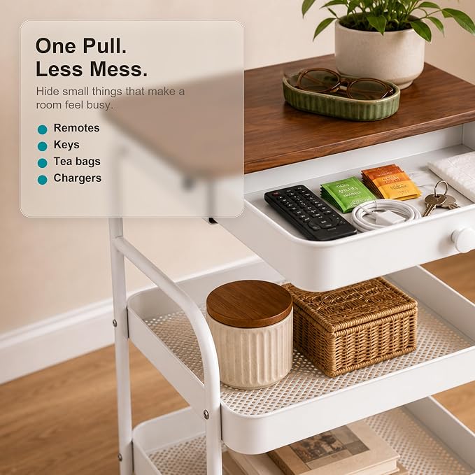 3 Tier Rolling Cart with Hidden Drawer and Wood Top, Small Space Storage Cart with Wheels, Coffee Station Organizer and Side Table Cart for Living Room, Bedroom, Kitchen, White - Image 2