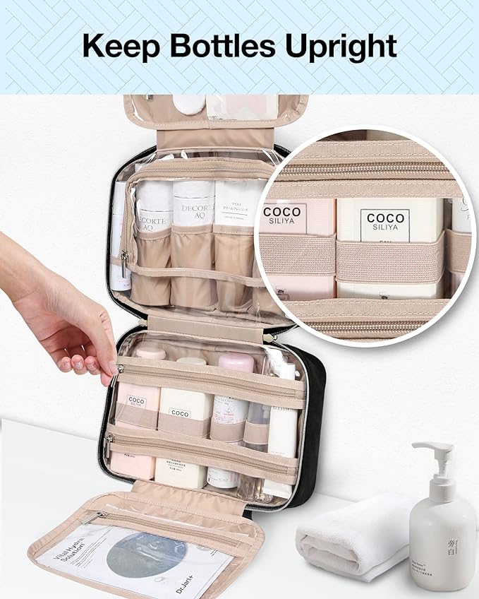 BAGSMART Toiletry Bag Hanging Travel Makeup Organizer with TSA Approved Transparent Cosmetic Bag Makeup Bag for Full Sized Toiletries, Medium-Black - Image 3