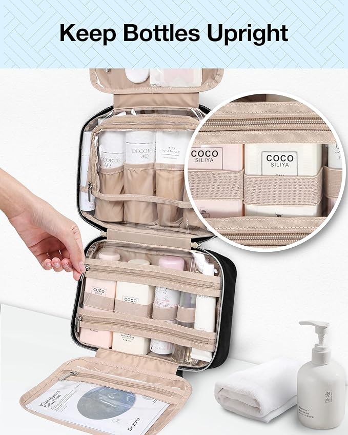 BAGSMART Toiletry Bag Hanging Travel Makeup Organizer with TSA Approved Transparent Cosmetic Bag Makeup Bag for Full Sized Toiletries, Large-Blck - Image 3