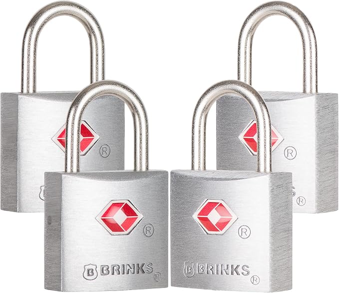 BRINKS TSA Approved Padlock, 22mm Aluminum, TSA Locks for Luggage, Chrome-Plated with Hardened Steel Shackle, 4-Pack by Brinks