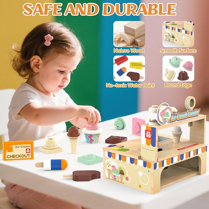 WOODMAM Foldable Wooden Ice Cream Toy, Pretend Play Food Store for Kids | Ice Cream Counter with Storage, 52 Pcs Kitchen Playset Fake Money & Menu, Birthday Gift for 3 4 5 6 Year Old Girls Boys - Image 4