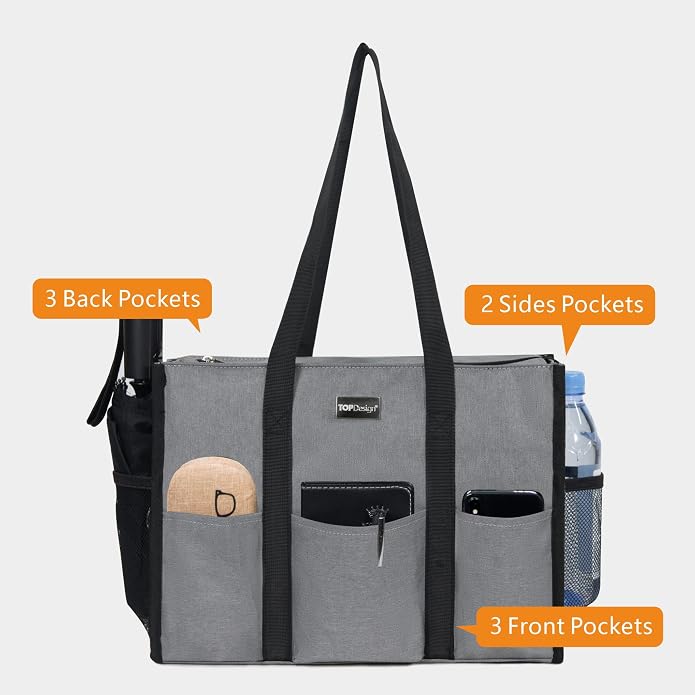 TOPDesign Utility Water Resistant Tote Bag with 13 Pockets, Top Zipper Closure & Thick Bottom Support, for Working Women - Image 3