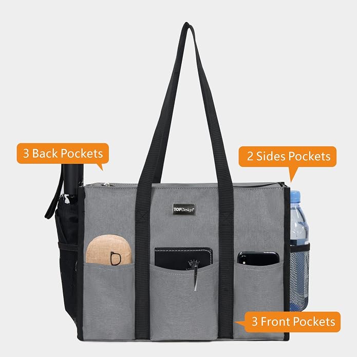 TOPDesign Utility Water Resistant Tote Bag with 13 Pockets, Top Zipper Closure & Thick Bottom Support, for Working Women - Image 3