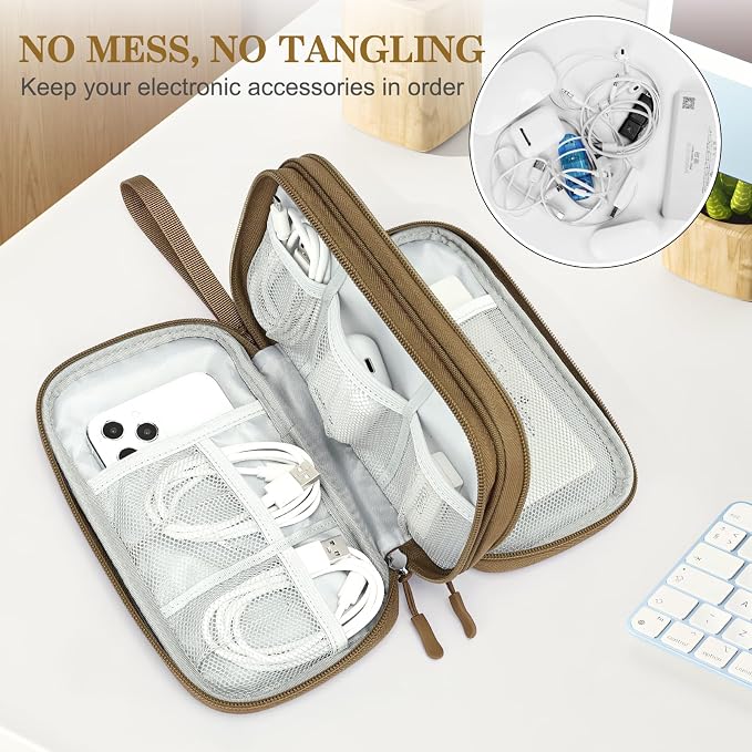 FYY Electronic Organizer, Travel Tech Pouch Bag, Medium, Brown | Wrist Strap, Waterproof, Double Layers Portable Electronics Travel Carrying Case for Cord, Charger, Daily Business Trips Use - Image 5