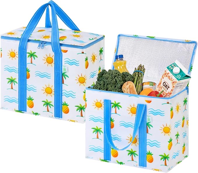 VENO 2 Pack Insulated Cooler Bag Reusable Grocery Bag for Food Delivery | Heavy Duty Large Collapsible Cooler Shopping Tote w/ Zippers, Foldable, Stands Upright for Camping (Tropical Island, 2 Pack) by Veno